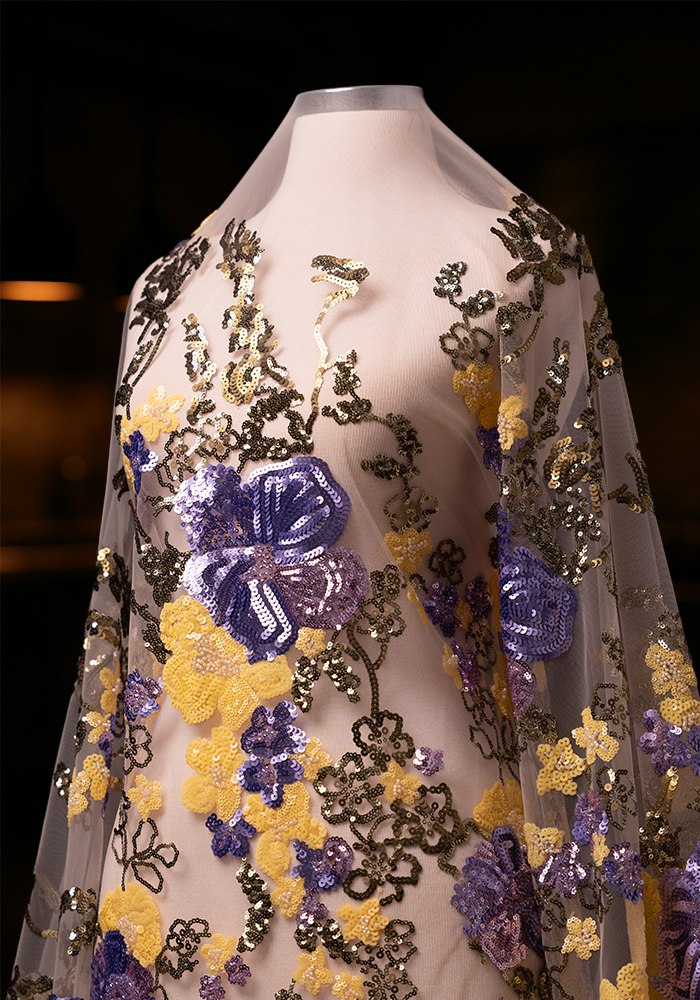 ID 1277- Luxury Couture Fabric Embroidered Tulle with Shiny Sequins, Orchid and Jasmine Bridal Flowers.